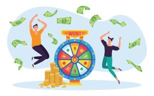 online-lottery-game-concept-man-and-woman-winning-jackpot-on-spinning-wheel-characters-jumping-money-banknotes-falling-vector